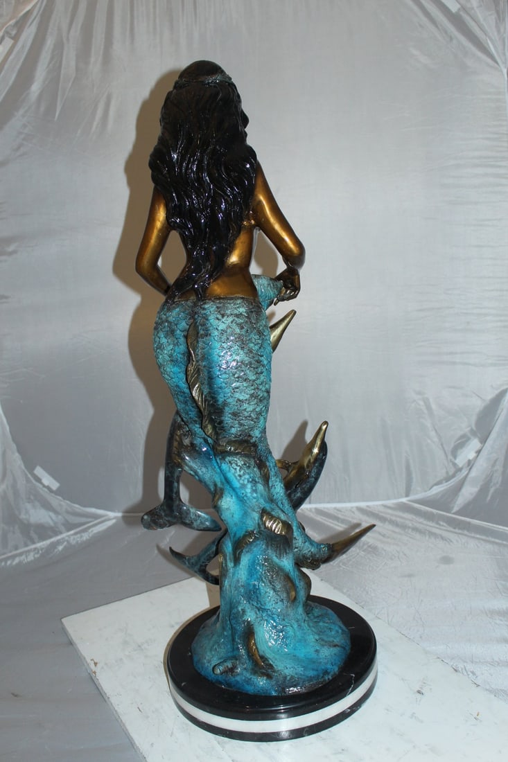 Mermaid with Dolphin Fountain Bronze Statue - Size: 16"L x 16"W x 39"H. - 9