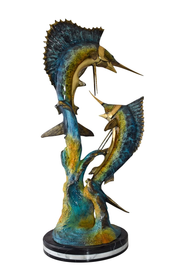 Set Of Intertwined Sailfish and Marlin Colored Bronze Statue 27" x 20" x 47"H: Title:Set Of Intertwined Sailfish and Marlin Colored Bronze Statue 27" x 20" x 47"H Description:This bronze statue of a fierce pair of marlin fish combines striking colors and careful attention to