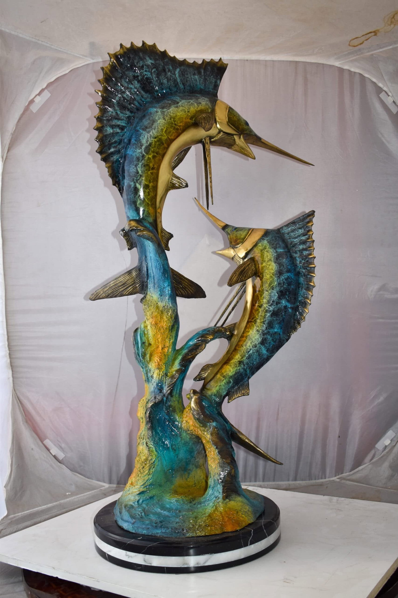 Set Of Intertwined Sailfish and Marlin Colored Bronze Statue 27" x 20" x 47"H - 4
