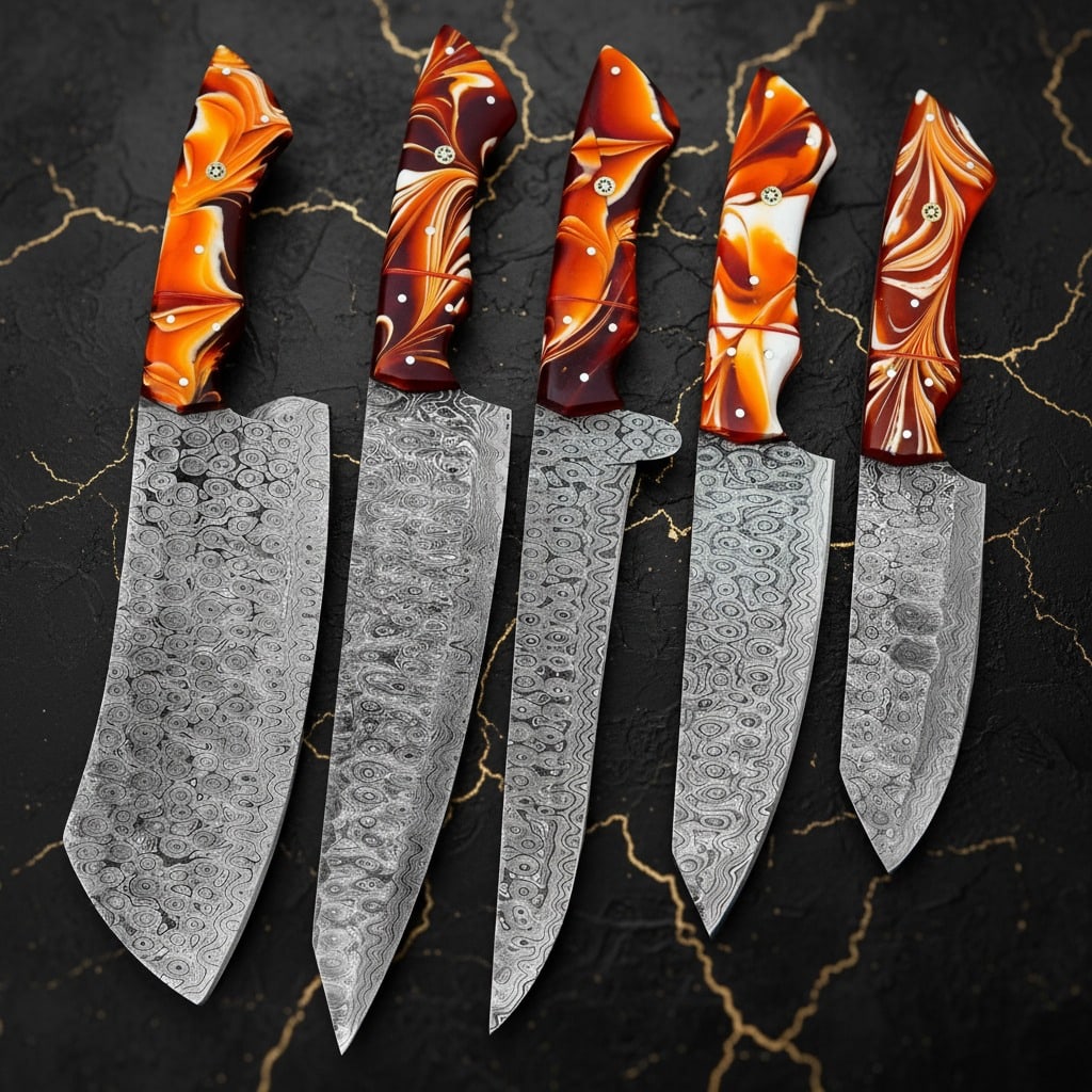 5pc Hand-Forged Damascus Steel Chef Knife Set Hammered Blade w/ Leather Roll: Title:5pc Hand-Forged Damascus Steel Chef Knife Set Hammered Blade w/ Leather Roll Description:This professional chef set includes a collection of five handcrafted knives and a genuine cowhide