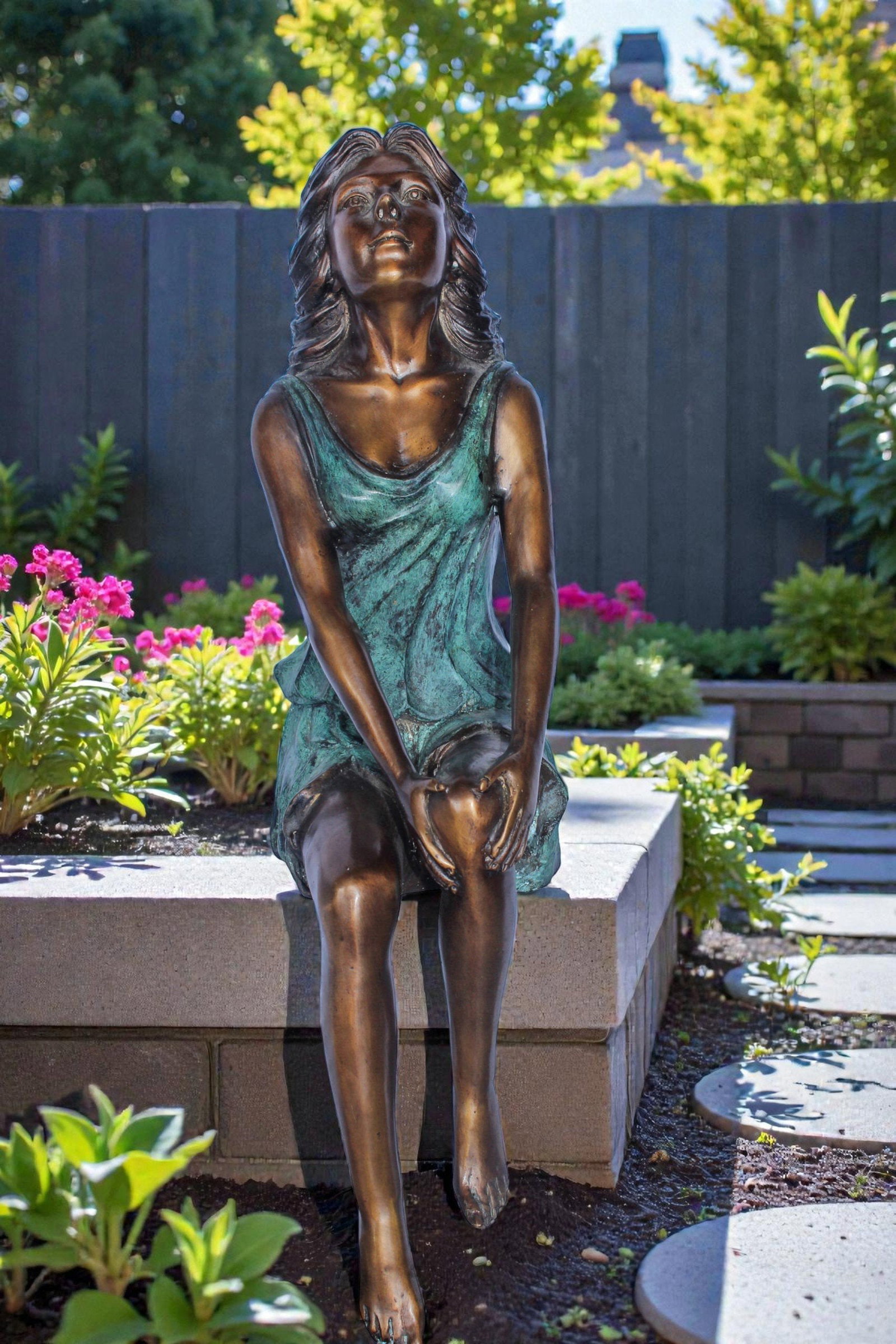 Graceful Young Woman Sitting on the Ledge Bronze Statue 13" x 7" x 23"H - 2