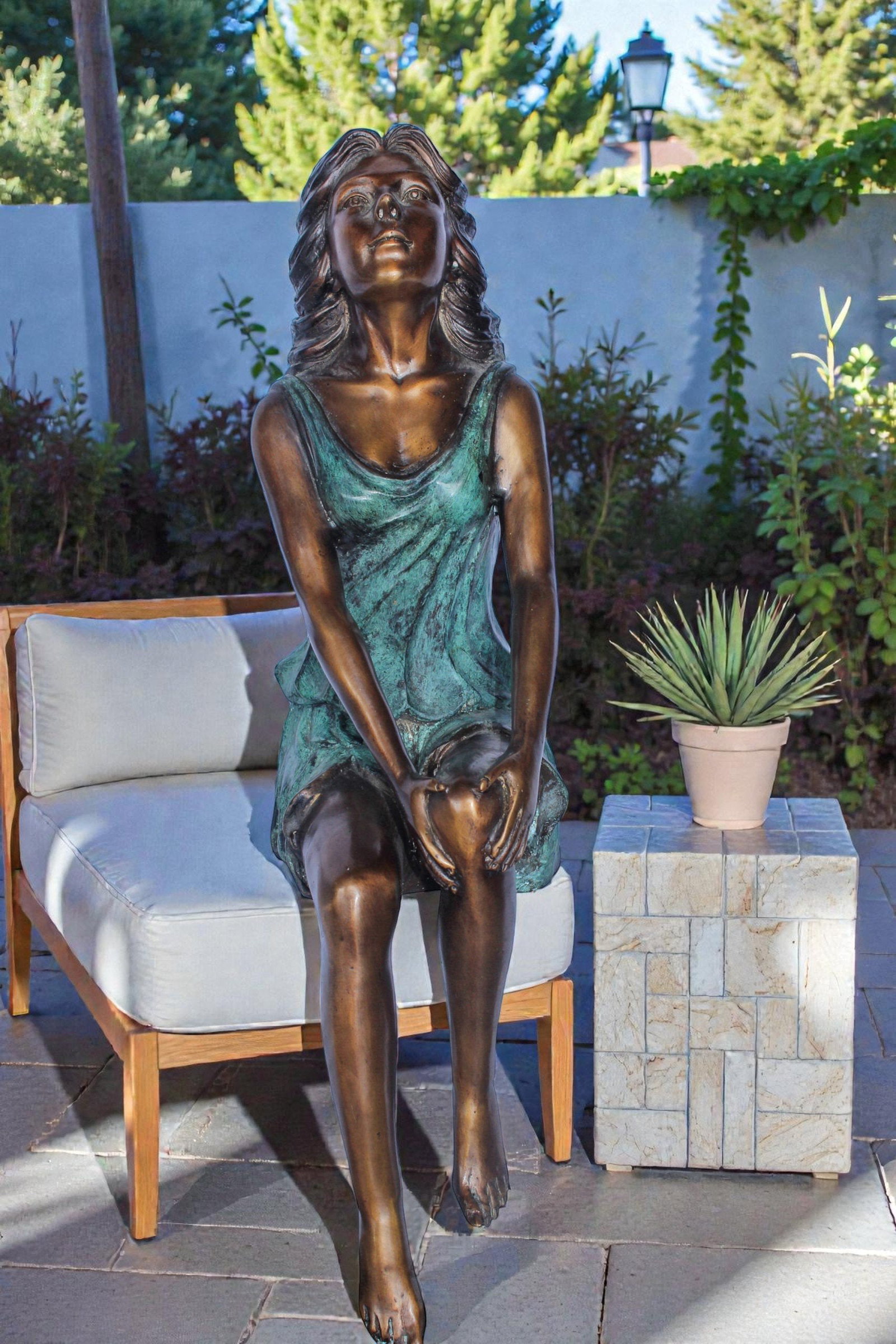 Graceful Young Woman Sitting on the Ledge Bronze Statue 13" x 7" x 23"H - 3