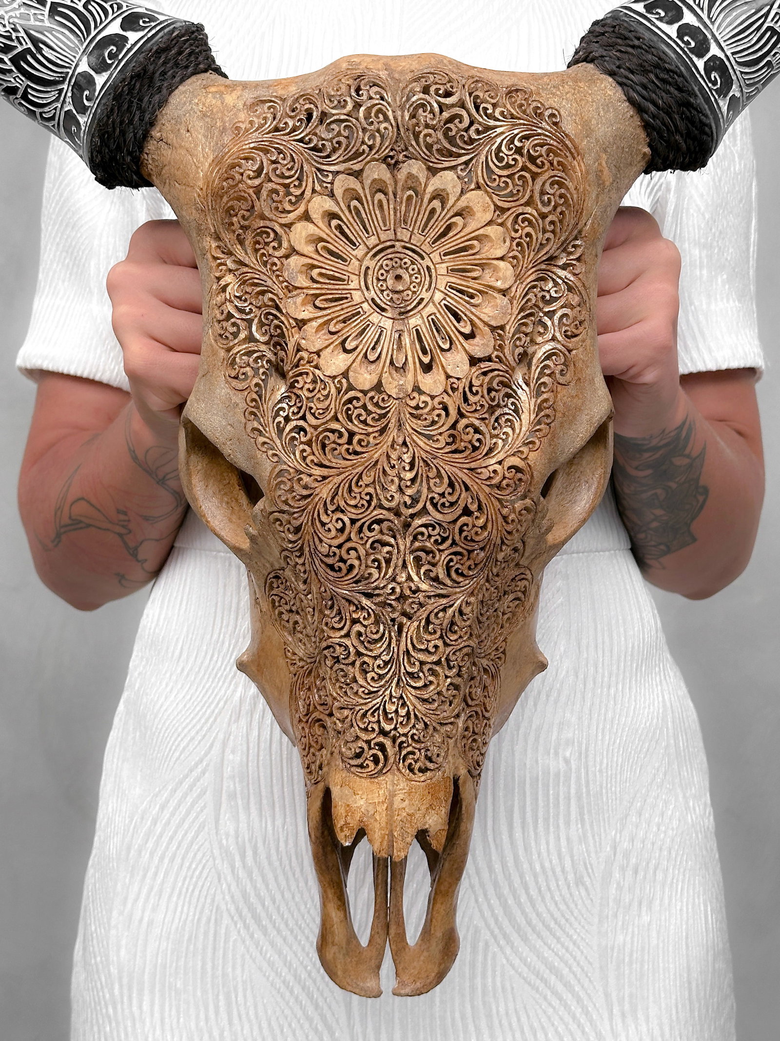 Brown cow skull carved horns - Flower mandala motif - 10