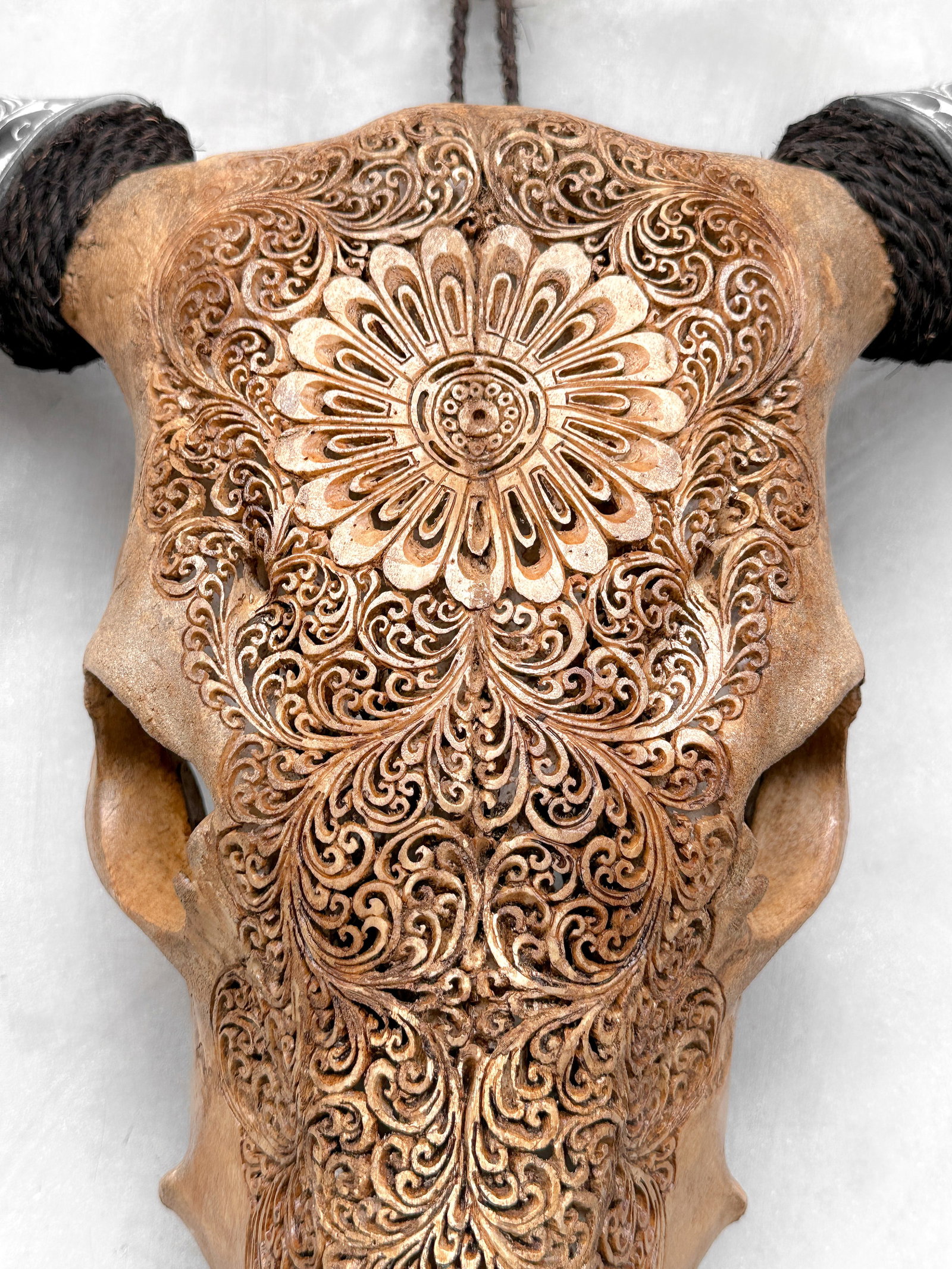 Brown cow skull carved horns - Flower mandala motif - 3