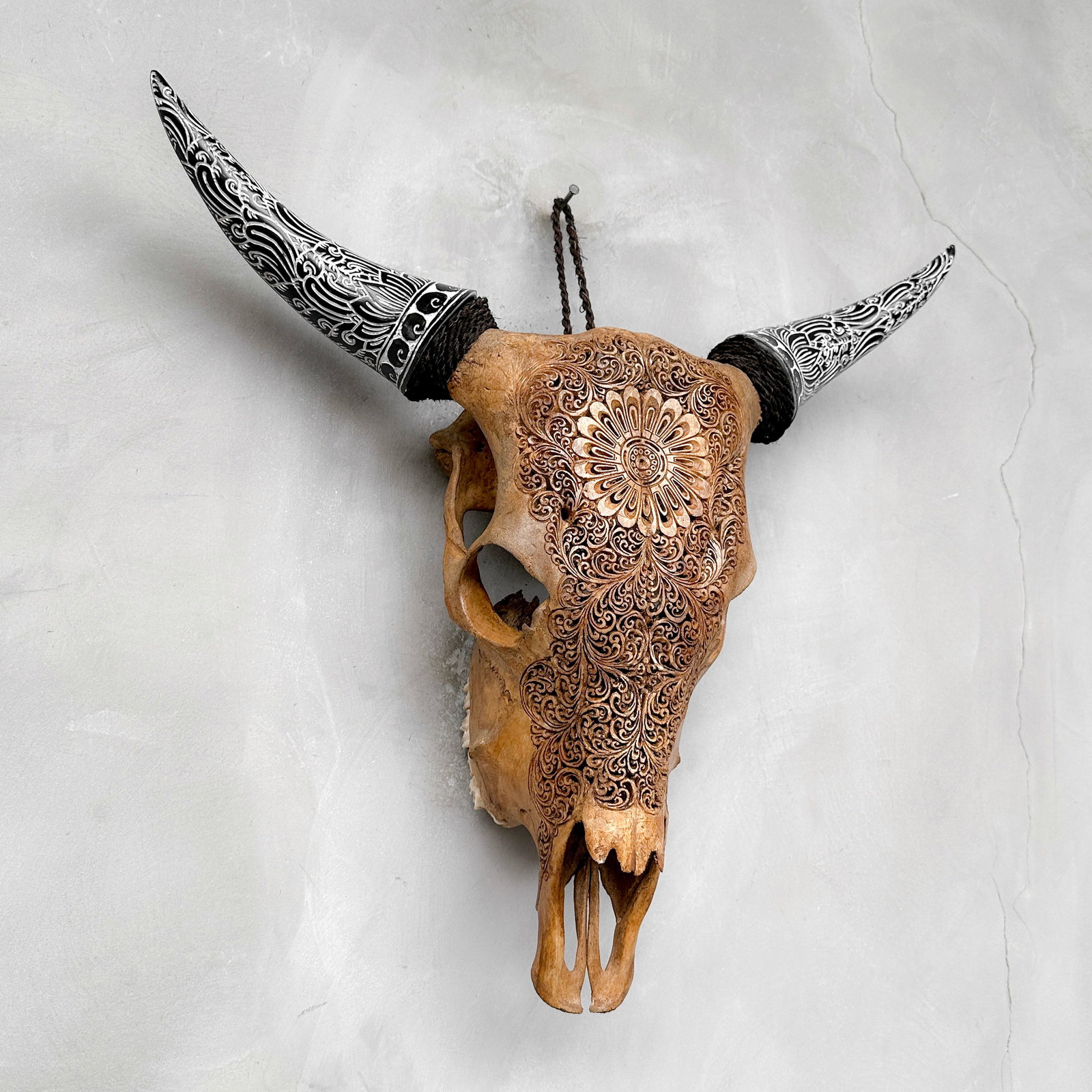Brown cow skull carved horns - Flower mandala motif - 5