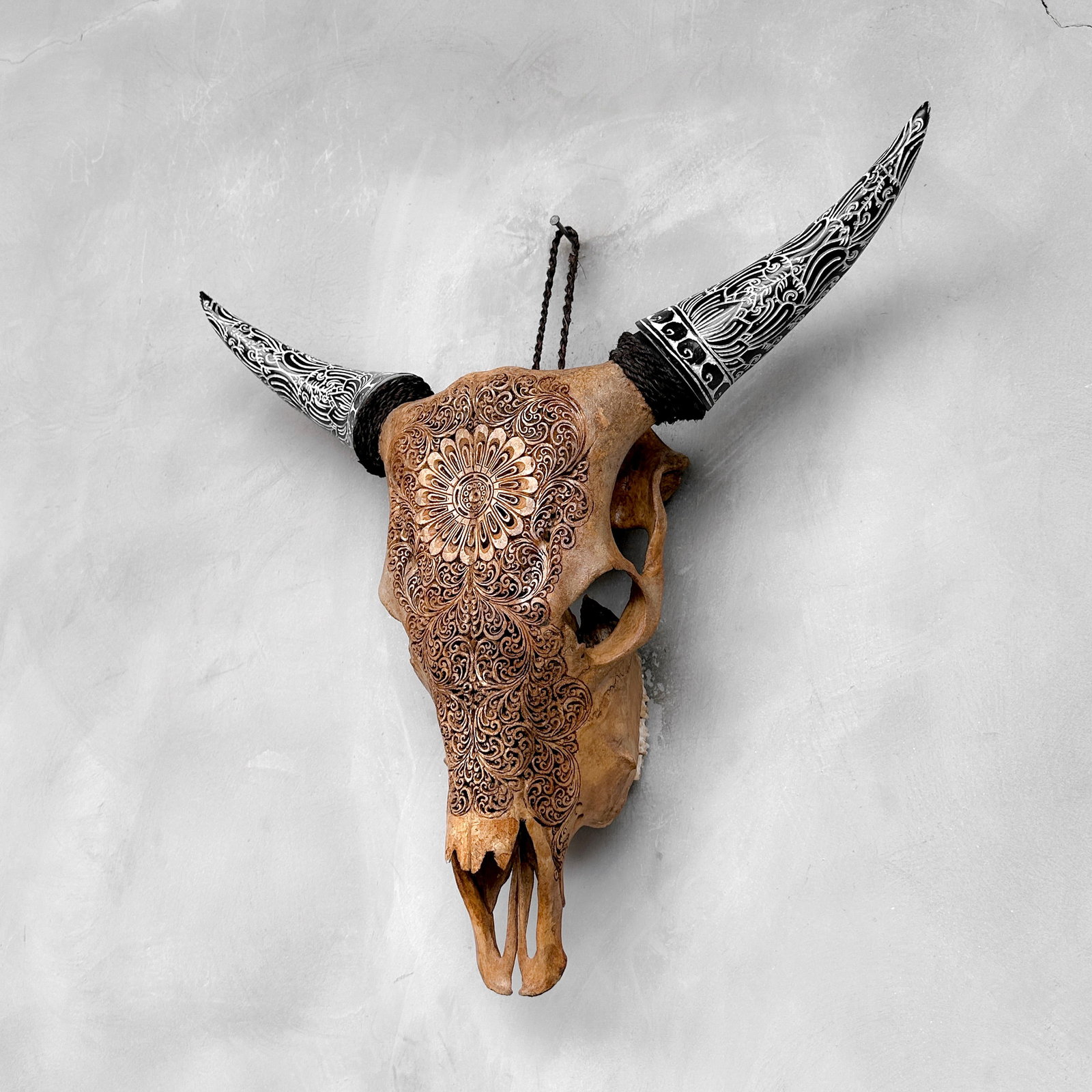 Brown cow skull carved horns - Flower mandala motif - 7