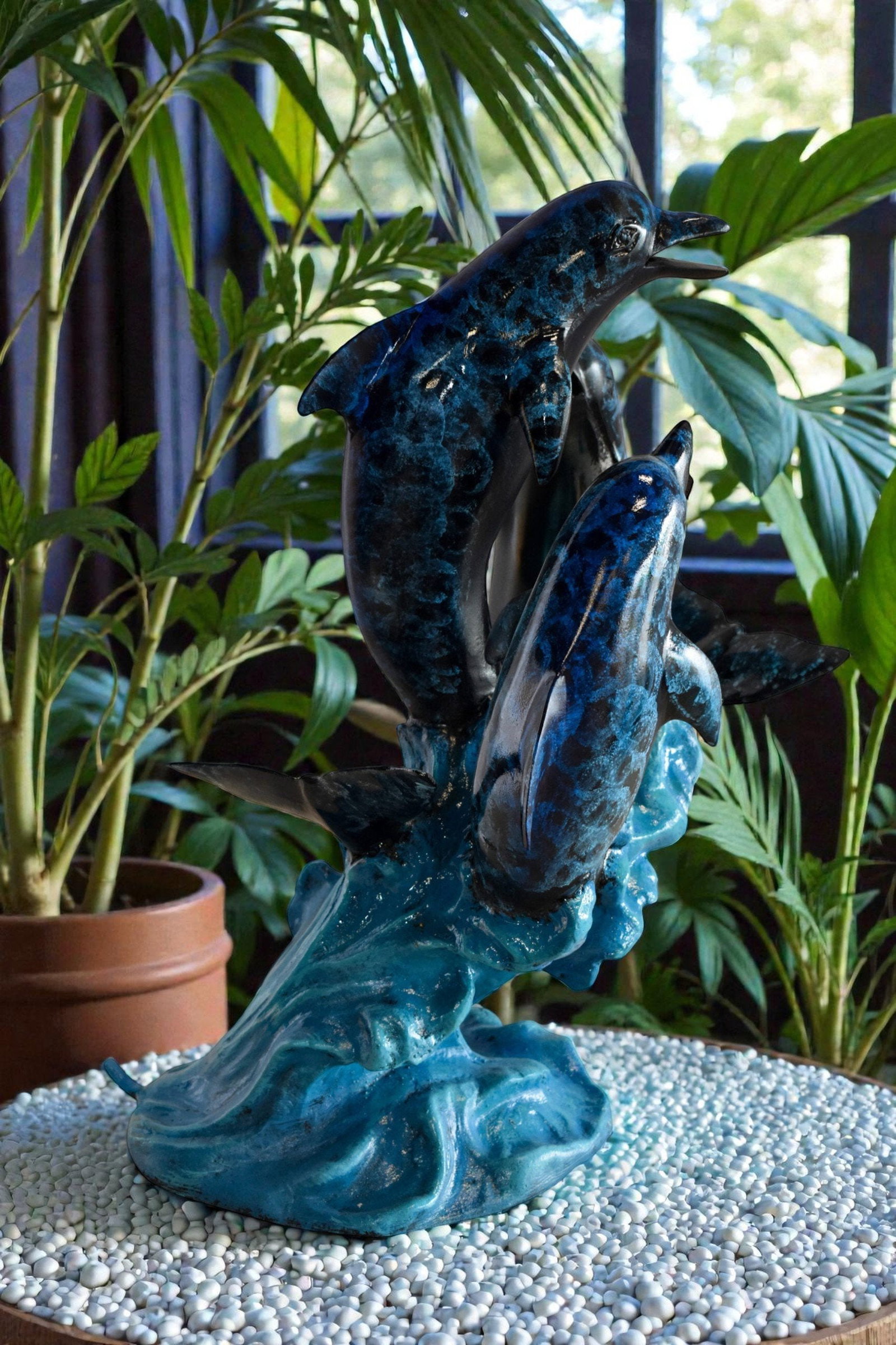 Pod of Dolphins Playfully On A Wave Resin Statue, Fountain 15" x 14" x 20"H - 2