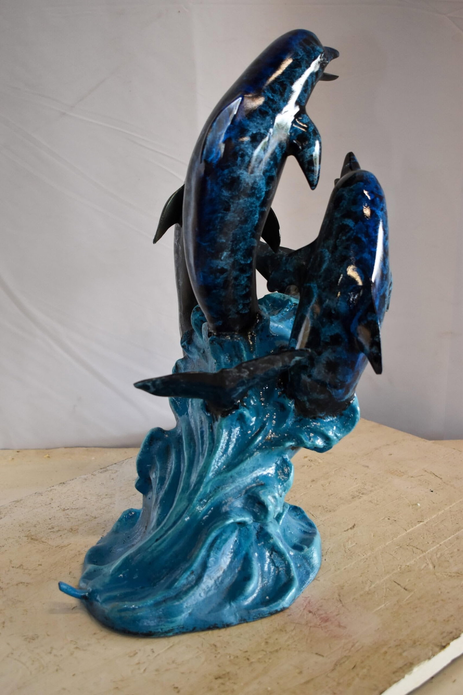Pod of Dolphins Playfully On A Wave Resin Statue, Fountain 15" x 14" x 20"H - 6