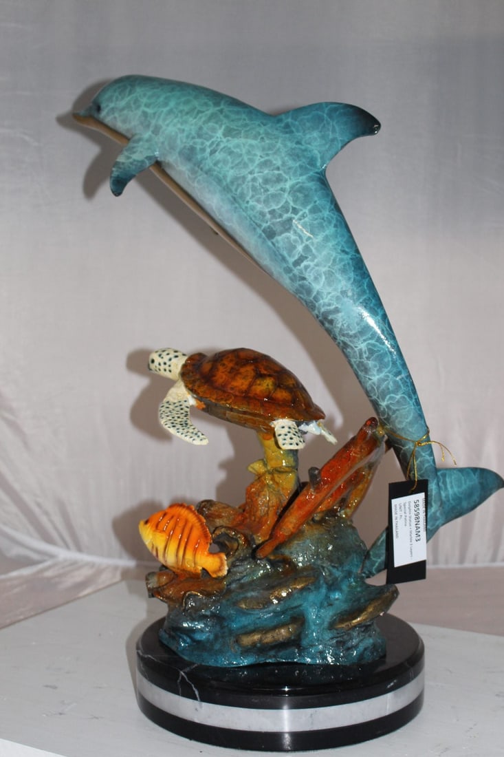 Dolphin turtle and 2 fish Bronze Statue - Size: 18"L x 16"W x 25"H. - 10