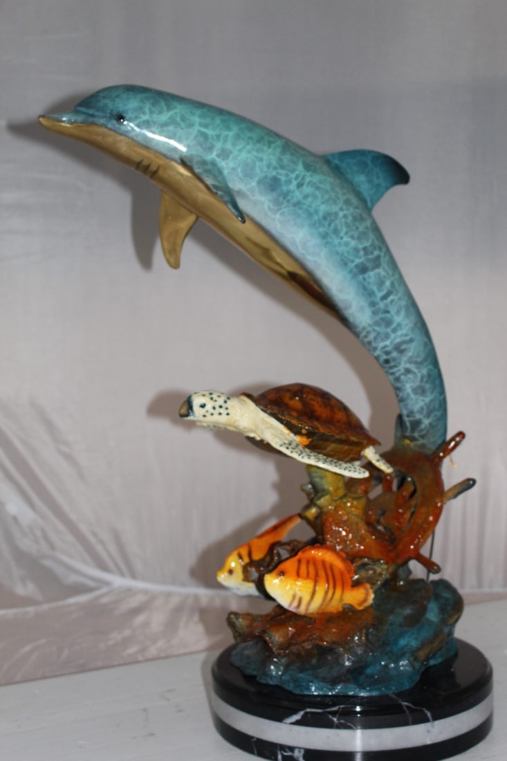 Dolphin turtle and 2 fish Bronze Statue - Size: 18"L x 16"W x 25"H. - 11