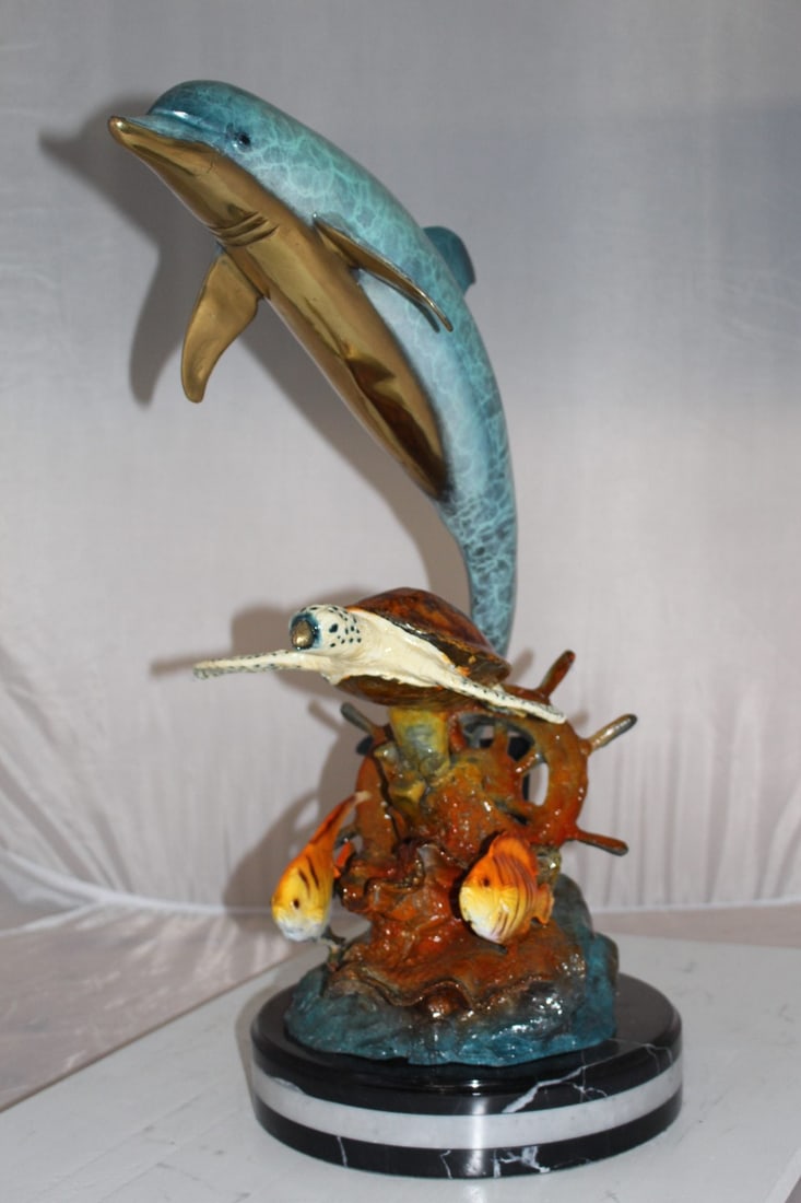 Dolphin turtle and 2 fish Bronze Statue - Size: 18"L x 16"W x 25"H. - 12