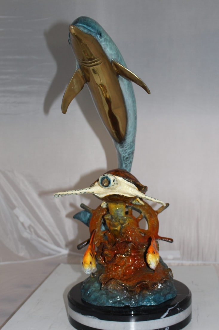 Dolphin turtle and 2 fish Bronze Statue - Size: 18"L x 16"W x 25"H. - 13