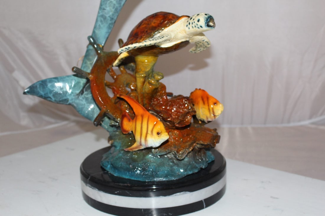 Dolphin turtle and 2 fish Bronze Statue - Size: 18"L x 16"W x 25"H. - 15