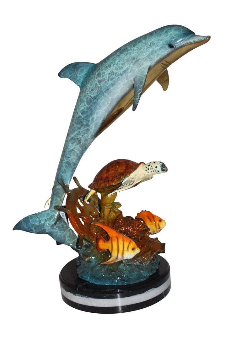 Dolphin turtle and 2 fish Bronze Statue - Size: 18"L x 16"W x 25"H.: Title:Dolphin turtle and 2 fish Bronze Statue - Size: 18"L x 16"W x 25"H. Description:Surprise your garden guests with this realistic outdoor Bronze Statue of a Dolphin along with fish and sea