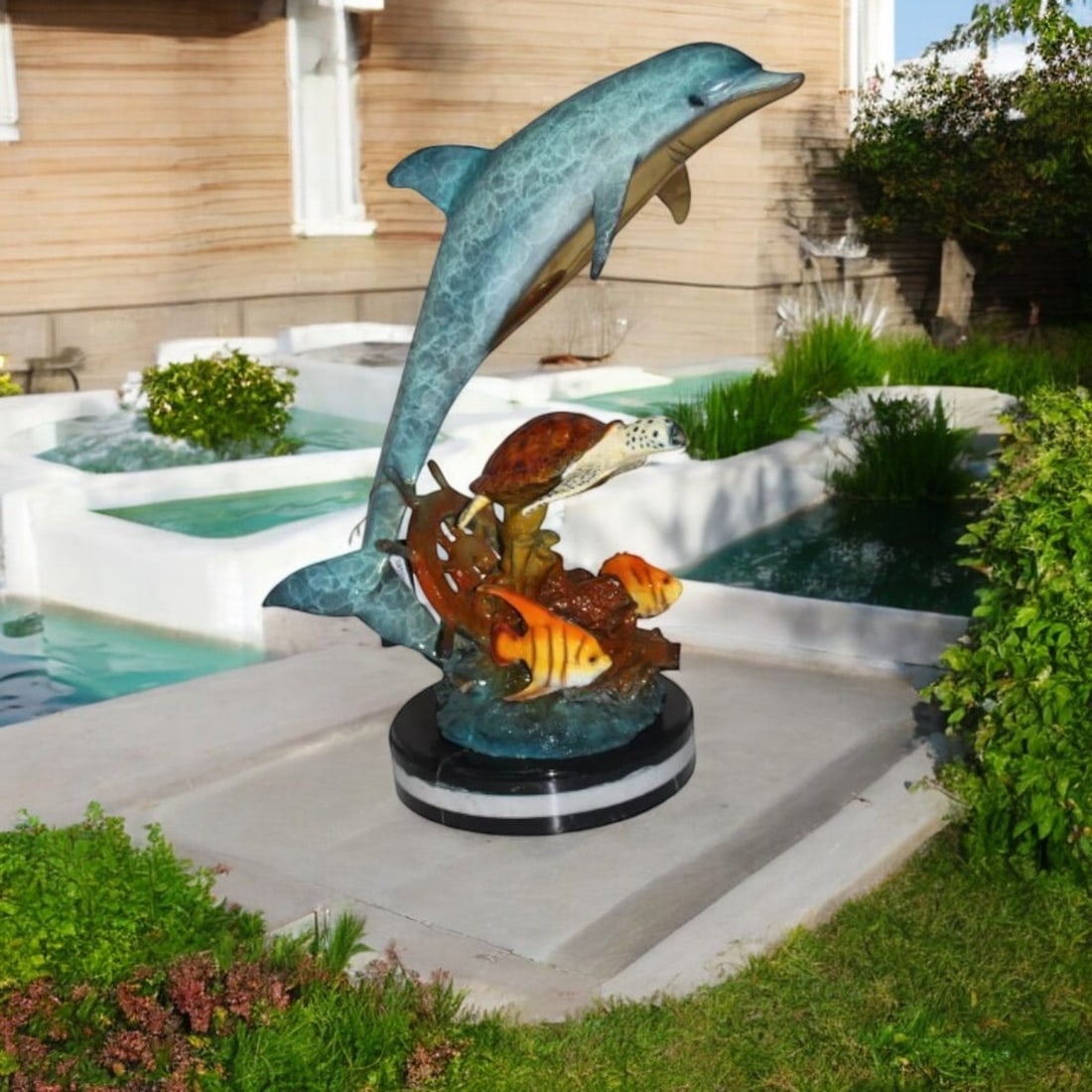 Dolphin turtle and 2 fish Bronze Statue - Size: 18"L x 16"W x 25"H. - 2