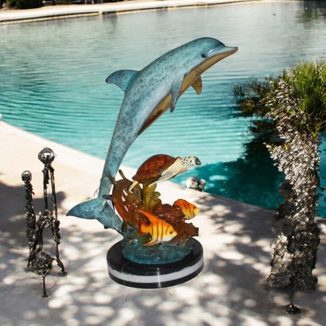 Dolphin turtle and 2 fish Bronze Statue - Size: 18"L x 16"W x 25"H. - 5