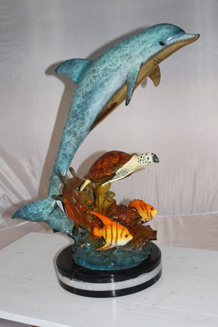 Dolphin turtle and 2 fish Bronze Statue - Size: 18"L x 16"W x 25"H. - 6