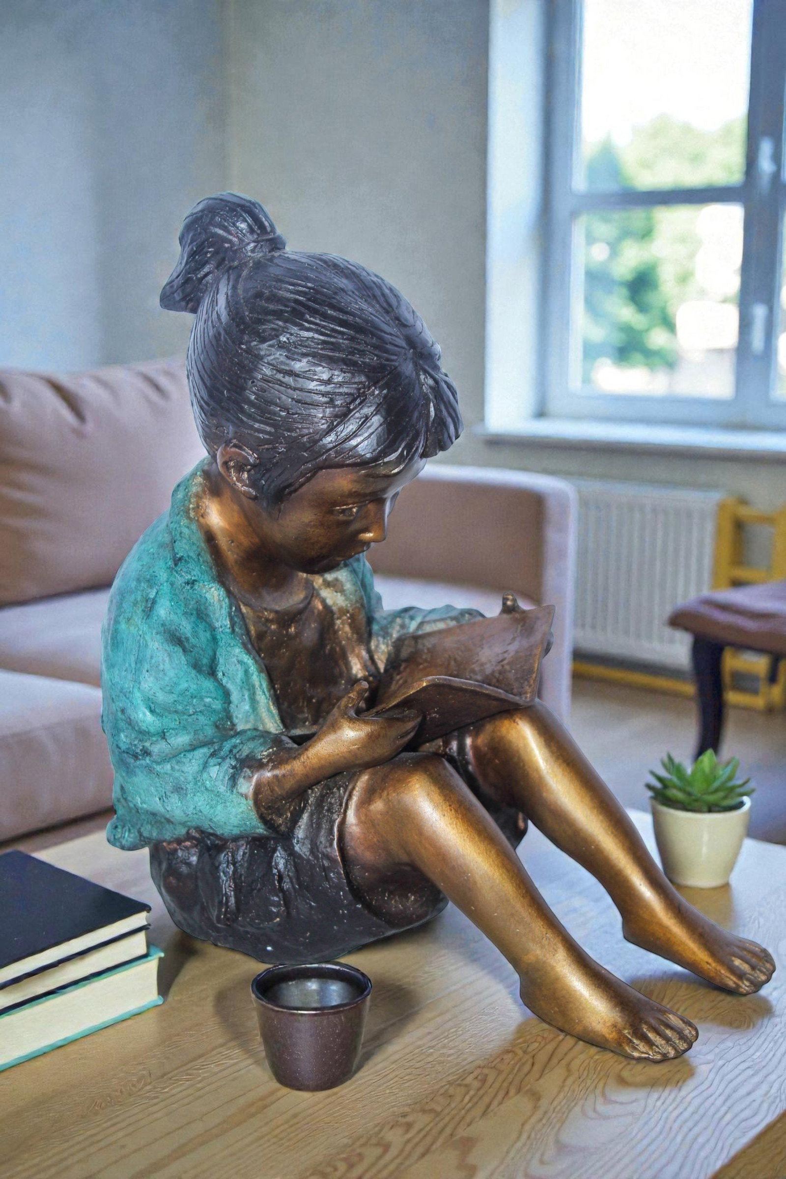 Charming Young Girl Sitting and Reading a Book Bronze Statue 11" x 8" x 12"H - 2