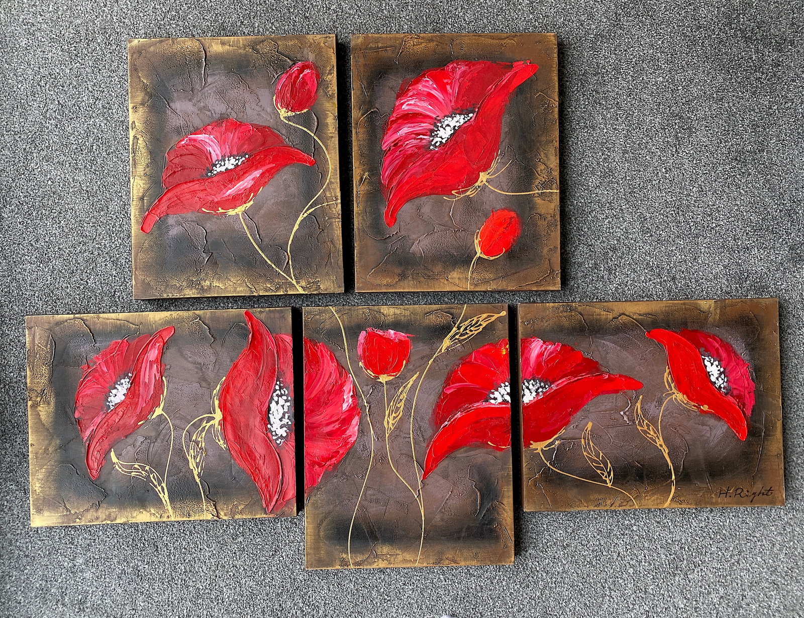 Five Piece Acrylic Painting of Poppies On Canvas (1 of 9)