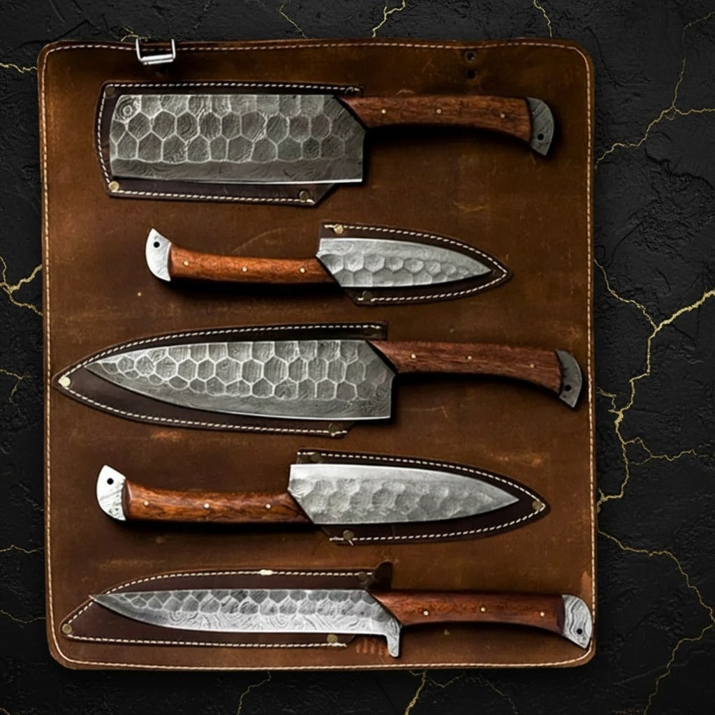 Hand-Forged Damascus Steel Kitchen Knife Set Custom Chef Cutlery 3pc: Title:Hand-Forged Damascus Steel Kitchen Knife Set Custom Chef Cutlery 3pc Description:This set features five handmade Damascus steel knives, each crafted from 512 layers of high and low carbon