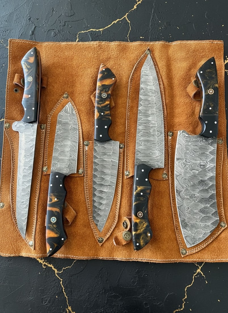 5pc Handmade Damascus Steel Chef Knife Set, Resin Handle, Leather Roll Bag: Title:5pc Handmade Damascus Steel Chef Knife Set, Resin Handle, Leather Roll Bag Description:This professional chef set includes five hand-forged knives and a cowhide leather carrying bag as shown in