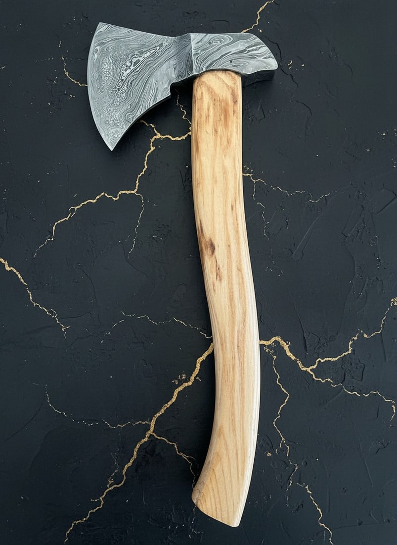 18" Hand-Forged Damascus Steel Hatchet, Wood Handle, Leather Sheath, Custom - 2