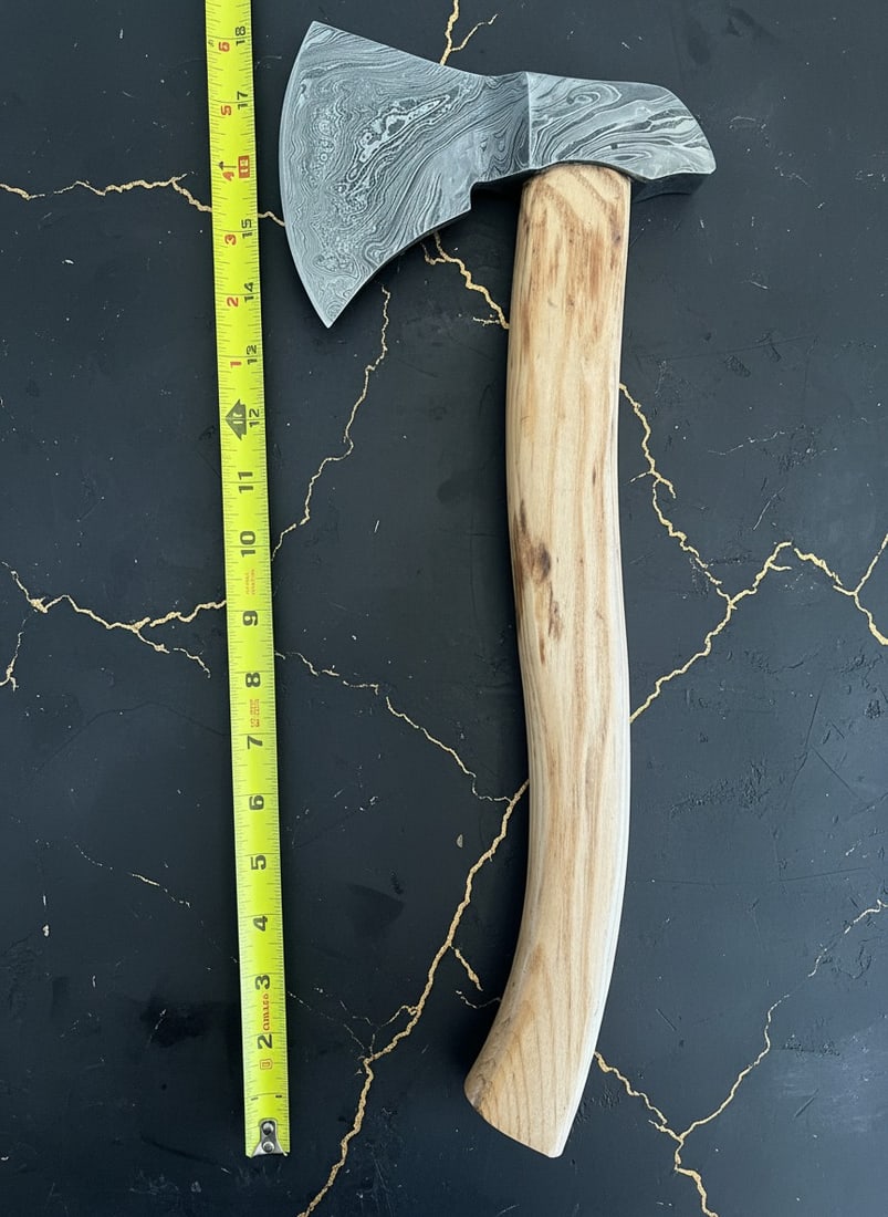 18" Hand-Forged Damascus Steel Hatchet, Wood Handle, Leather Sheath, Custom - 5