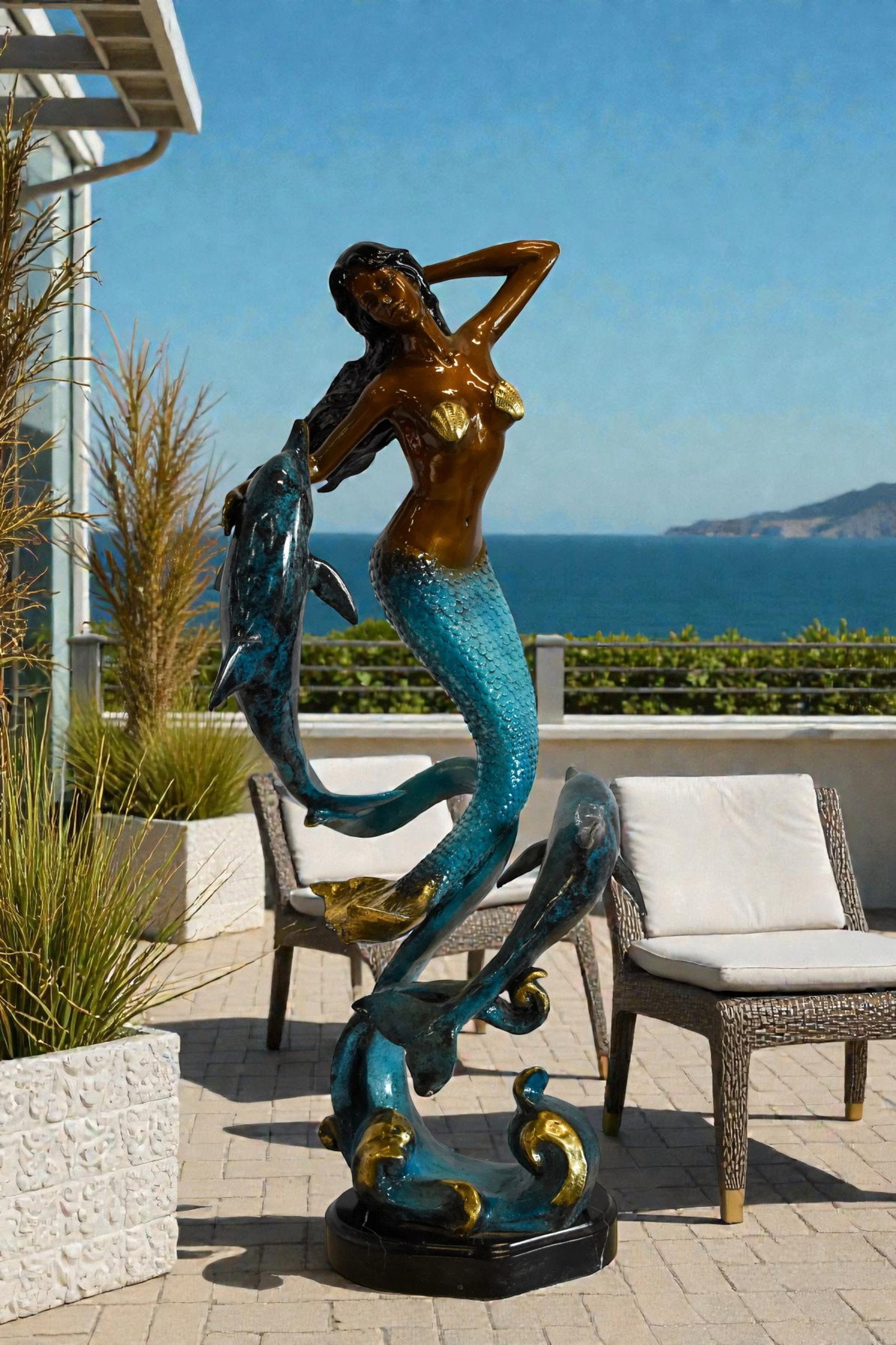 Graceful Mermaid and Two Dolphins Bronze Statue 13" x 9" x 31"H - 3