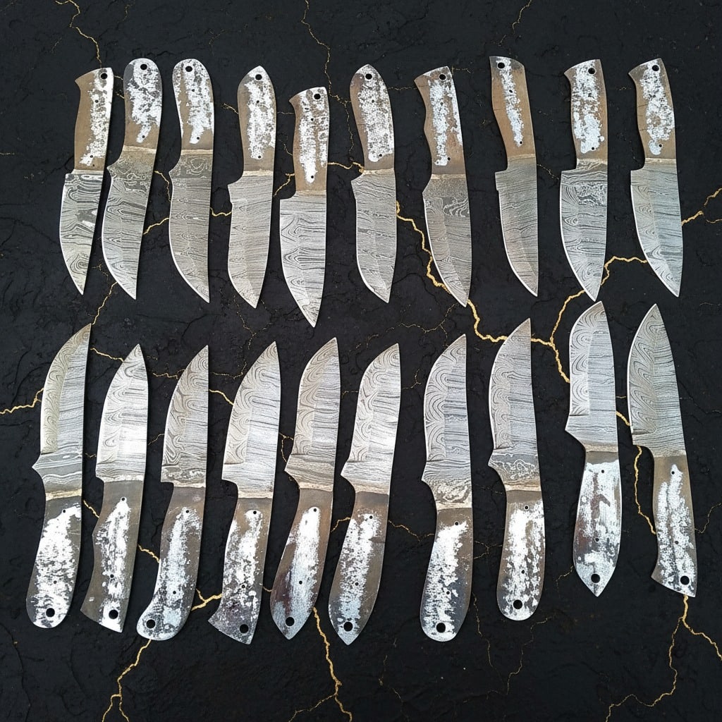 20 Piece Damascus Steel Skinner Blade Set Handmade 8" Knife Blanks Custom: Title:20 Piece Damascus Steel Skinner Blade Set Handmade 8" Knife Blanks Custom Description:This set includes 20 custom handmade knives produced by US Blades. Each piece is hand-forged and heat-treate