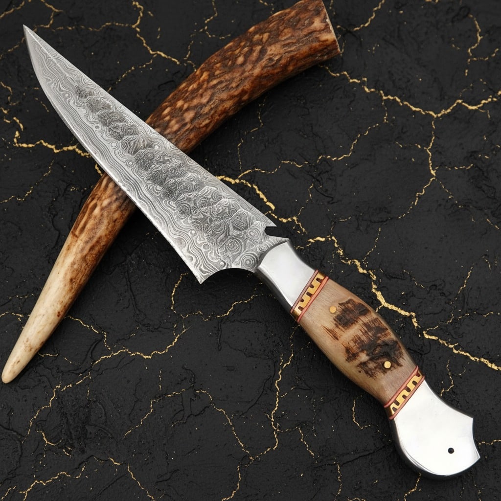 Handmade Damascus Steel Hunting Knife Ram Horn Handle with Leather Sheath: Title:Handmade Damascus Steel Hunting Knife Ram Horn Handle with Leather Sheath Description:This handcrafted knife features a ram horn comfort grip handle and comes complete with a custom leather shea