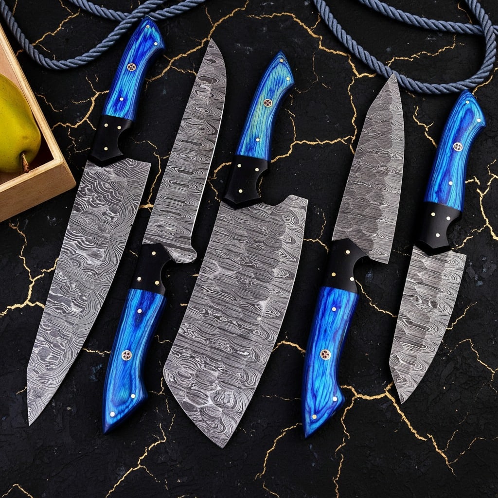 Handmade Damascus Steel Chef Knife Set Custom Kitchen Cleaver Boning Blades: Title:Handmade Damascus Steel Chef Knife Set Custom Kitchen Cleaver Boning Blades Description:This custom-made chef knife set features five hand-forged Damascus steel blades with intricate file work. 