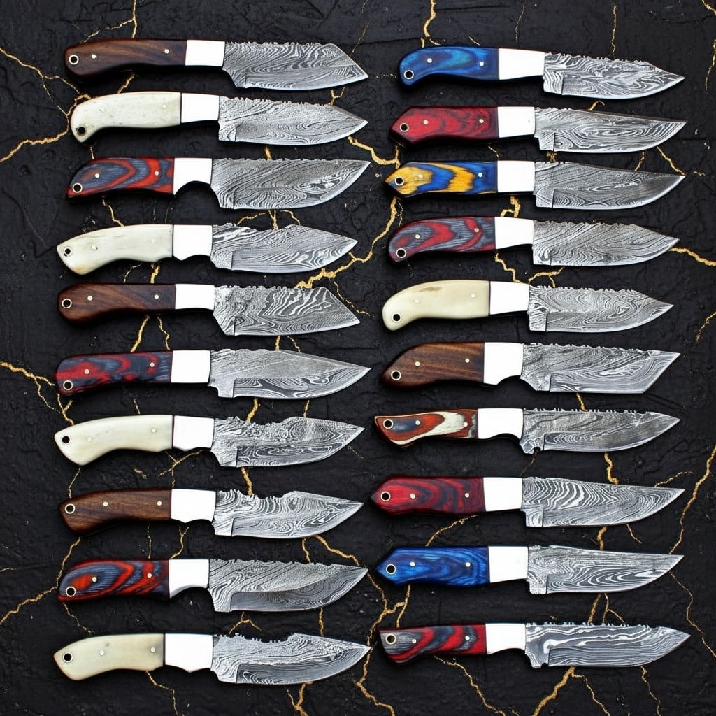 20pc 8" Handmade Damascus Steel Skinner Knife Set with Leather Sheaths - 4