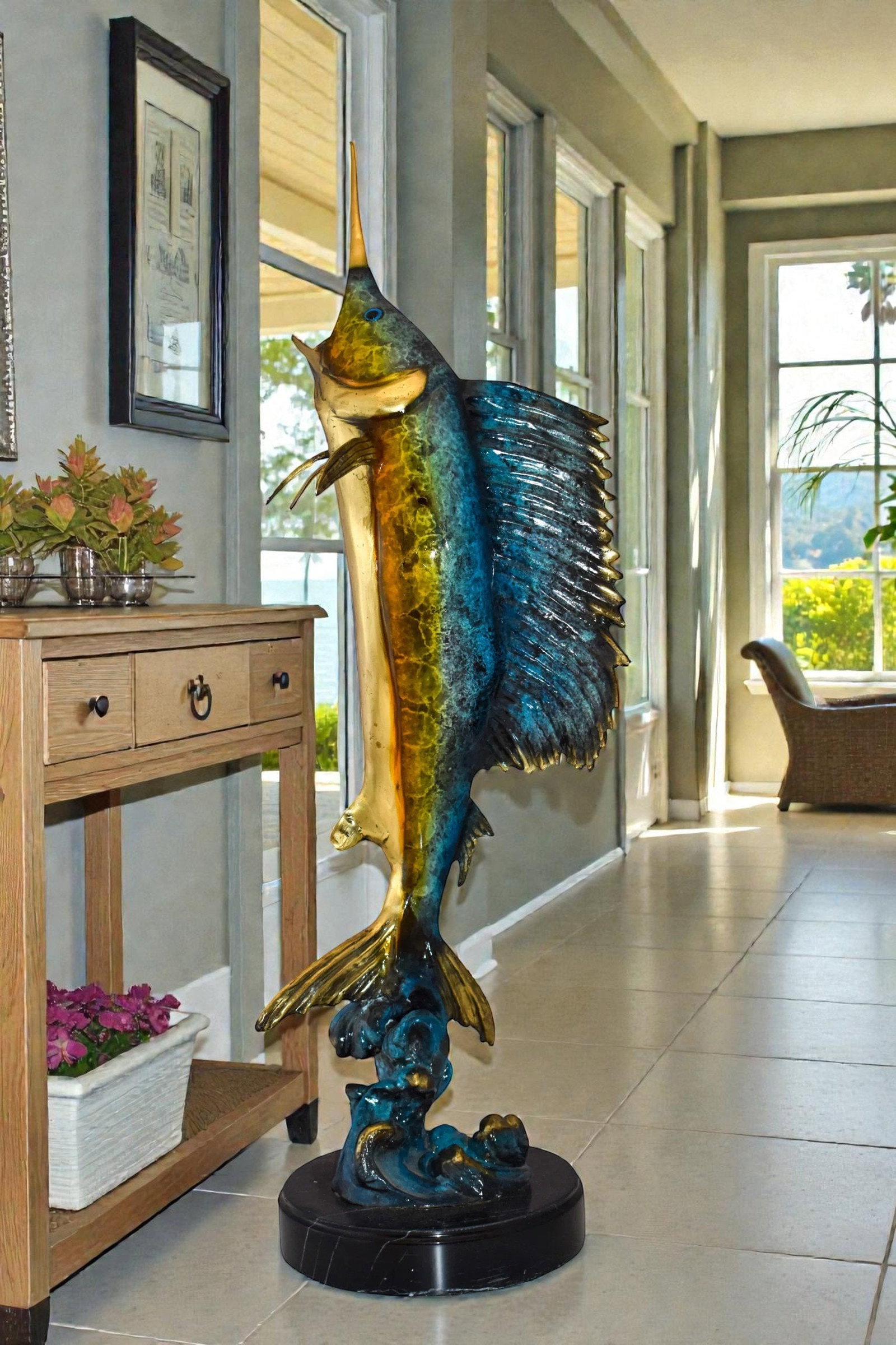 Upright Fierce Marlin Jumping Off the Water Bronze Statue Size: 12" x 8" x 30"H - 2