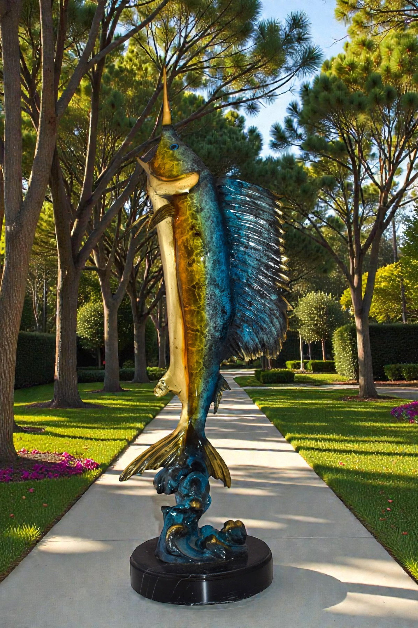 Upright Fierce Marlin Jumping Off the Water Bronze Statue Size: 12" x 8" x 30"H - 3