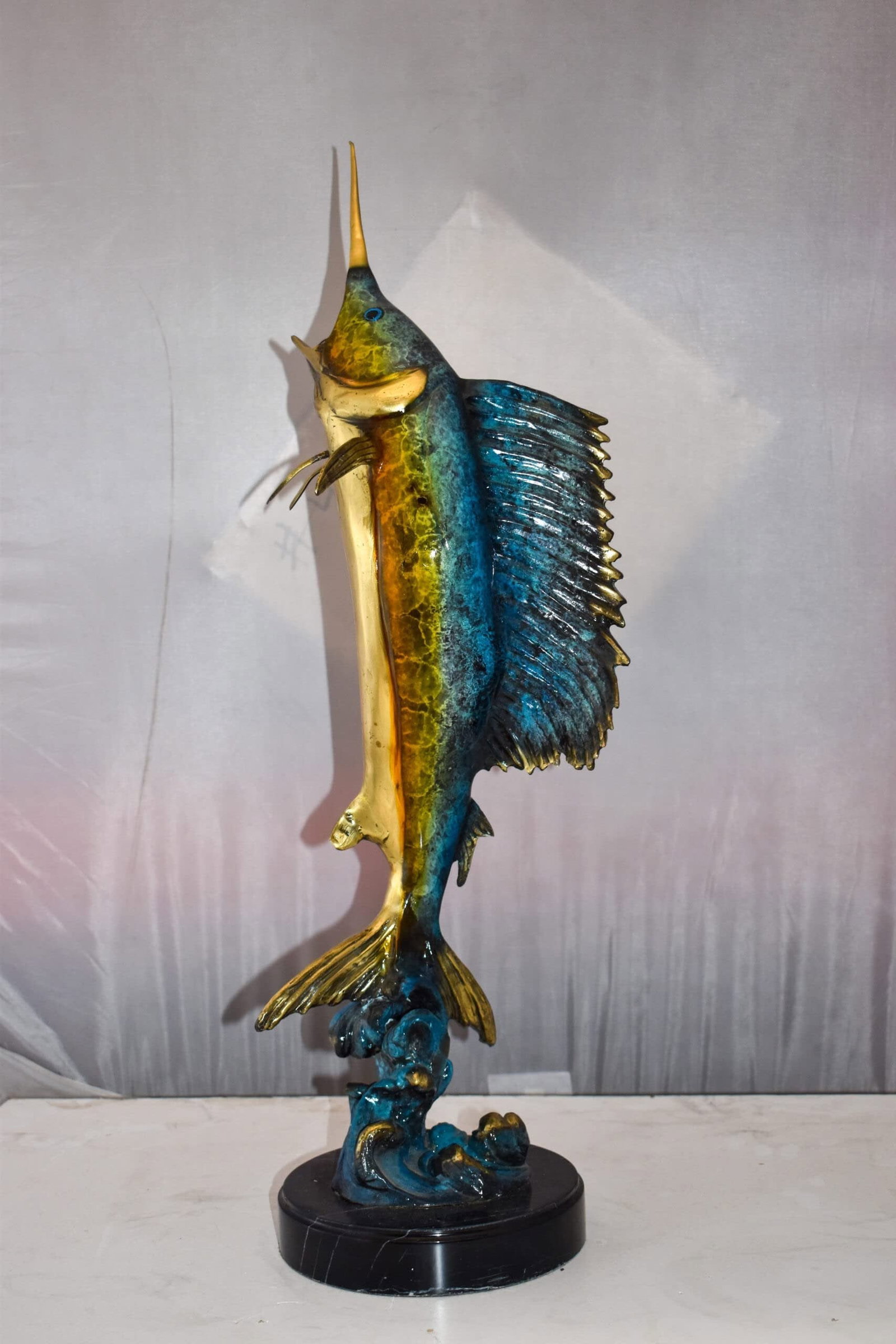 Upright Fierce Marlin Jumping Off the Water Bronze Statue Size: 12" x 8" x 30"H - 4