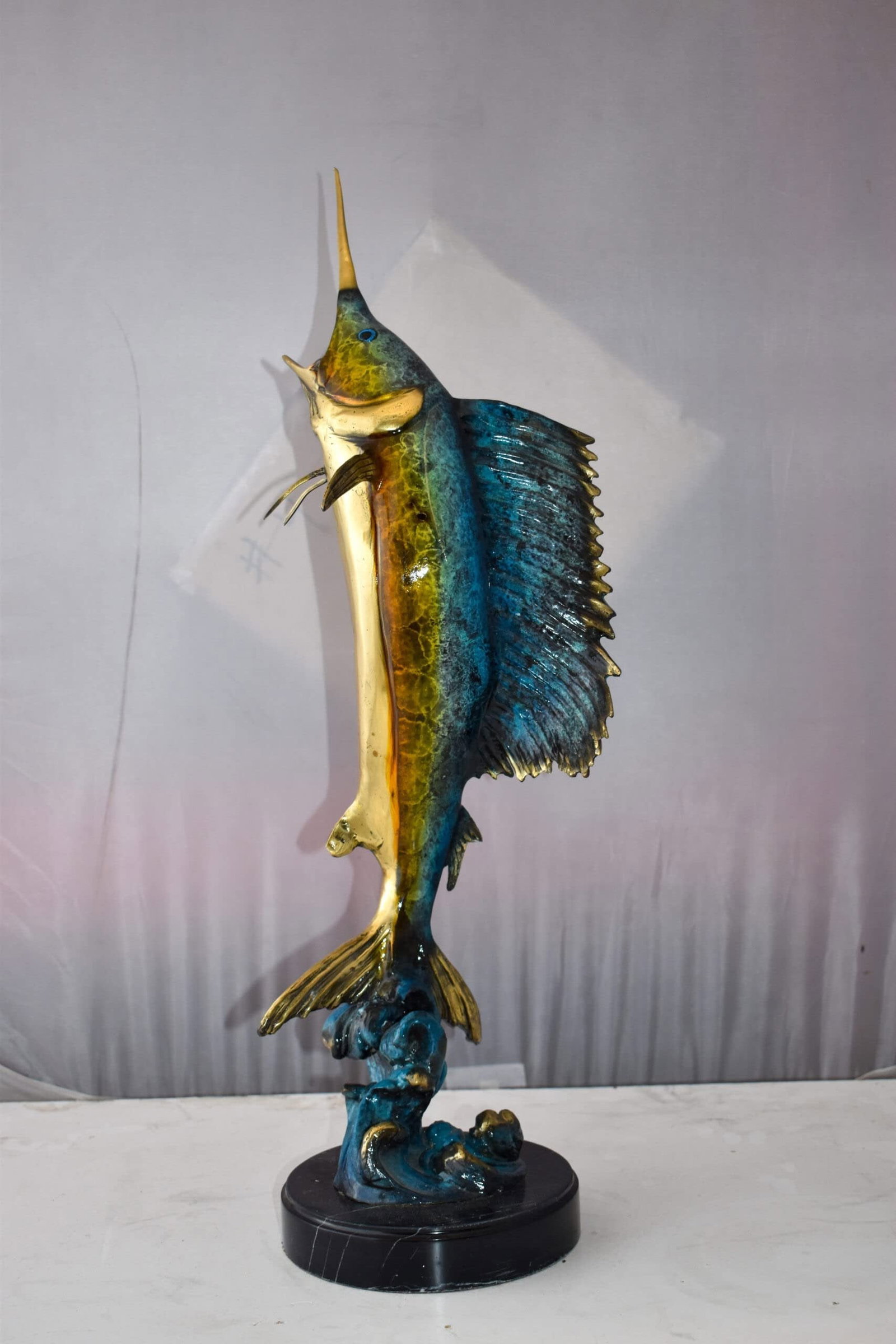 Upright Fierce Marlin Jumping Off the Water Bronze Statue Size: 12" x 8" x 30"H - 5