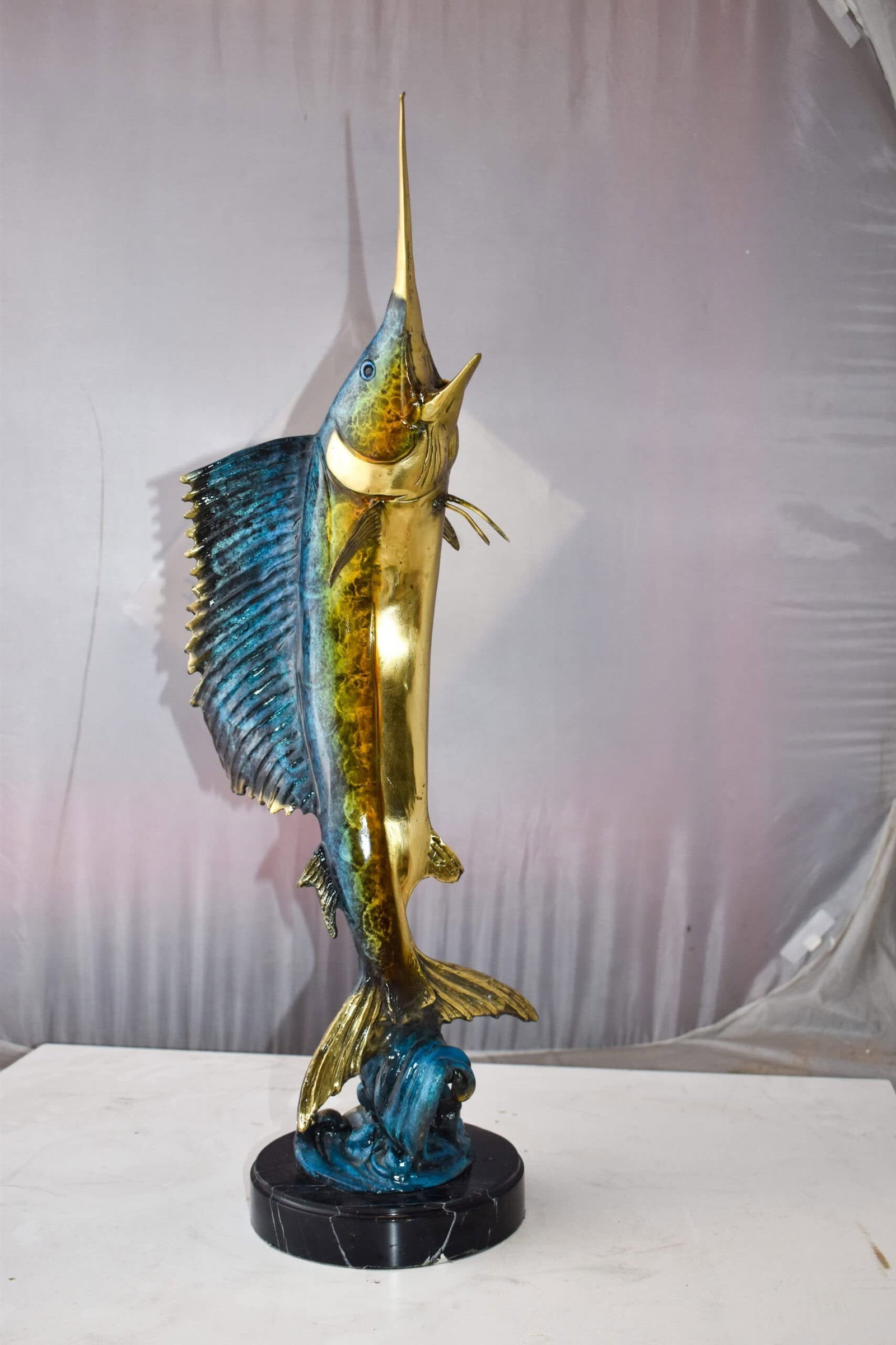 Upright Fierce Marlin Jumping Off the Water Bronze Statue Size: 12" x 8" x 30"H - 9
