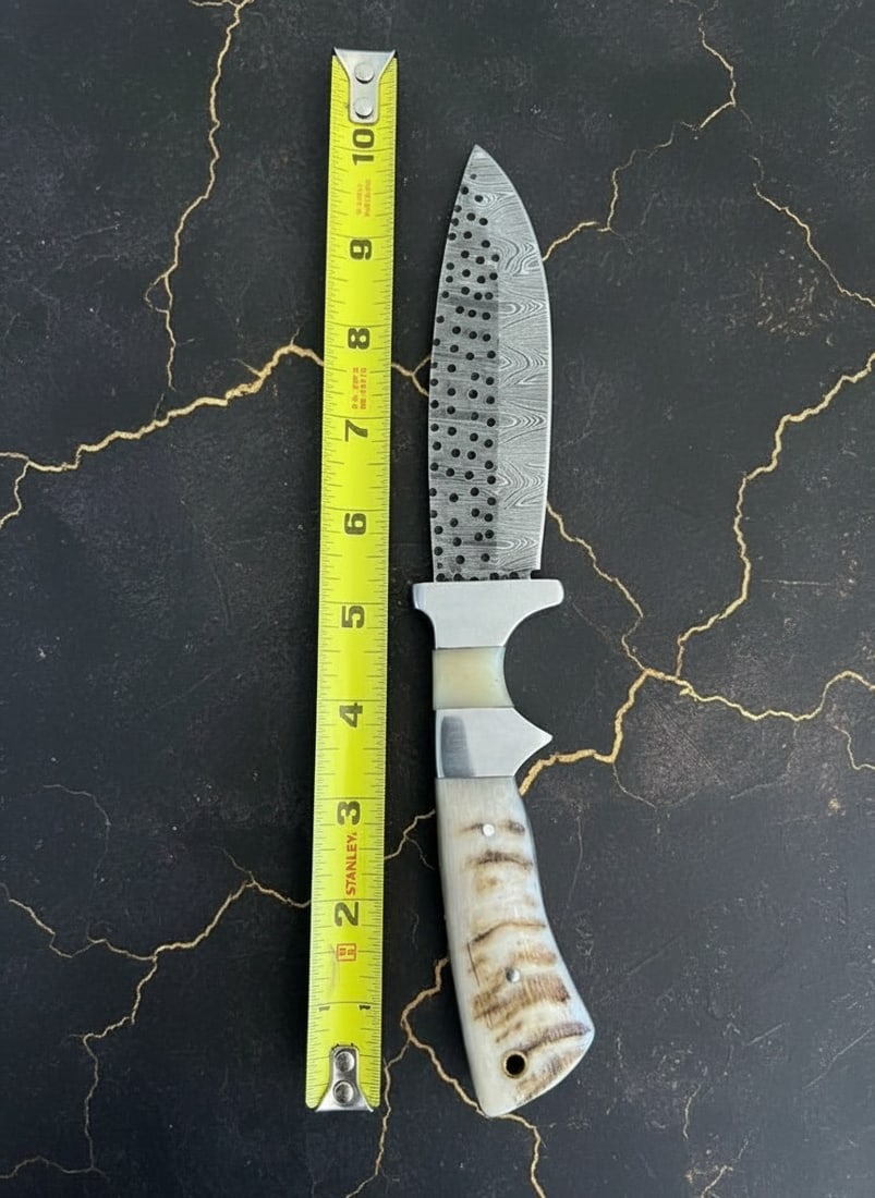Handmade Damascus Steel Hunting Knife Ram Horn Handle with Leather Sheath - 5