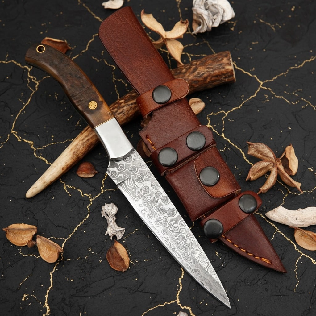 Hand-Forged Damascus Steel Hunting Knife Ram Horn Handle Leather Sheath (1 of 6)