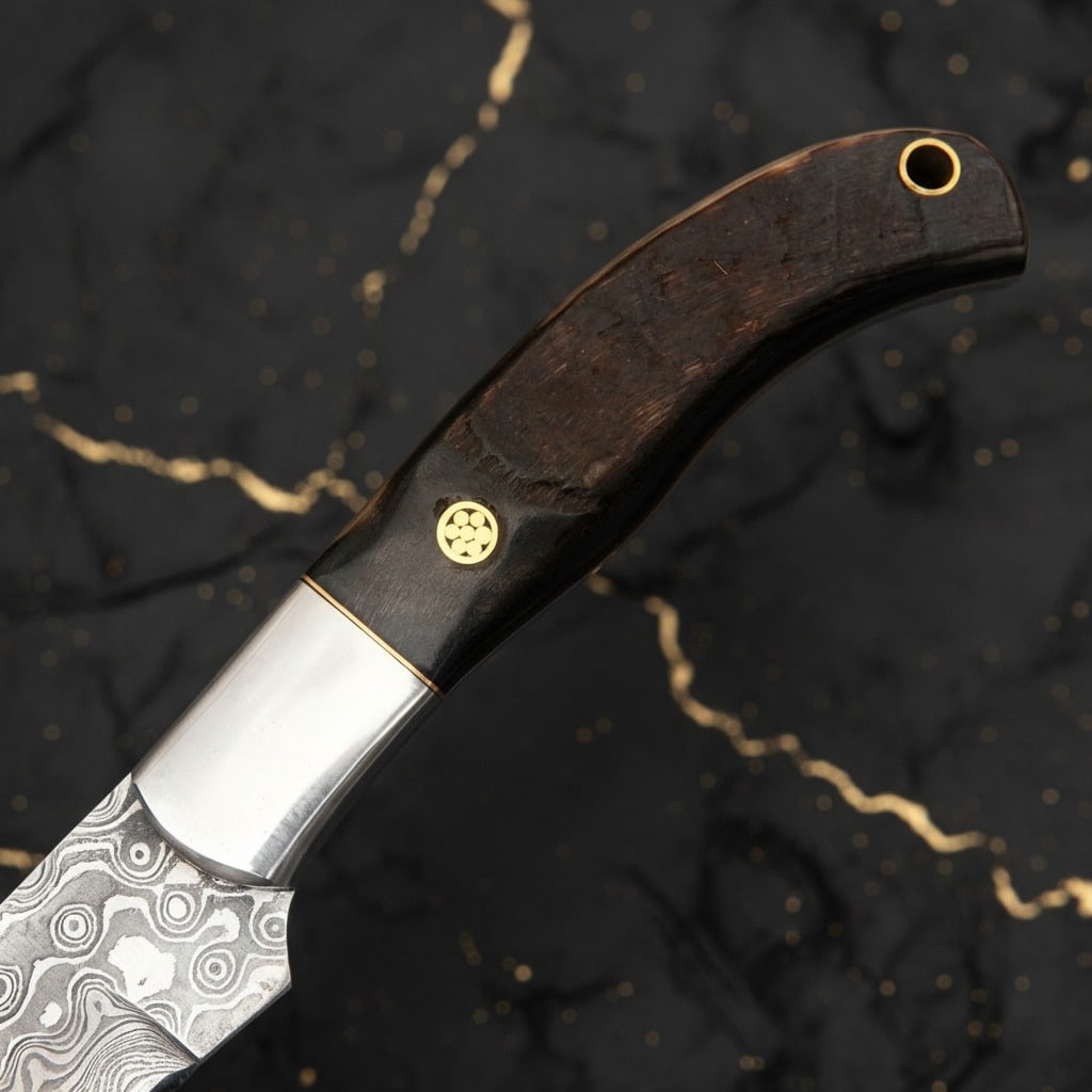 Hand-Forged Damascus Steel Hunting Knife Ram Horn Handle Leather Sheath - 6