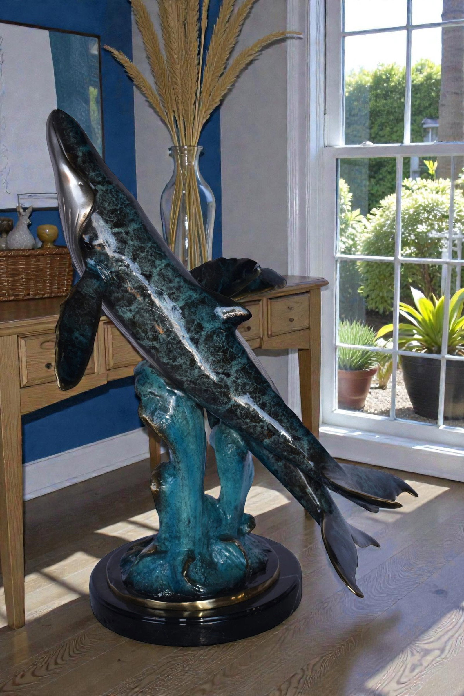 Pair of Blue Whales Swimming in The Ocean Bronze Statue Size: 21" x 20" x 27"H. - 2