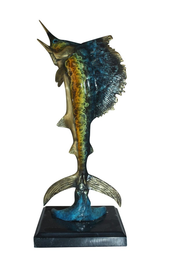 Single Sailfish Bronze Statue - Size: 6"L x 6"W x 15"H.: Title:Single Sailfish Bronze Statue - Size: 6"L x 6"W x 15"H. Description:A beautiful sculpture standing, featuring in a natural form of a Sailfish jumping of the. A timeless Creation in lost wax