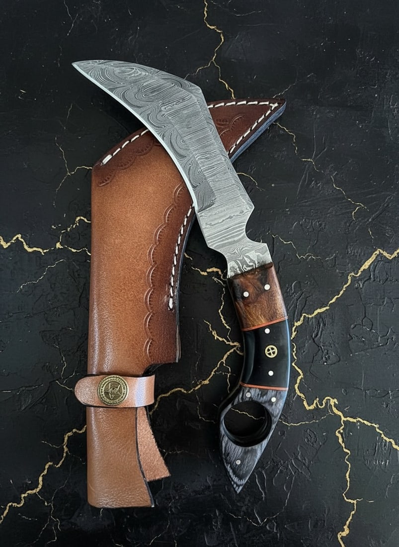 Hand-Forged Damascus Steel Karambit Knife, Micarta Grip, Leather Sheath: Title:Hand-Forged Damascus Steel Karambit Knife, Micarta Grip, Leather Sheath Description:This handcrafted knife features a durable construction and comes with a matching cowhide leather sheath. Each 