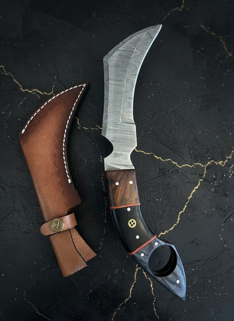 Hand-Forged Damascus Steel Karambit Knife, Micarta Grip, Leather Sheath - 2