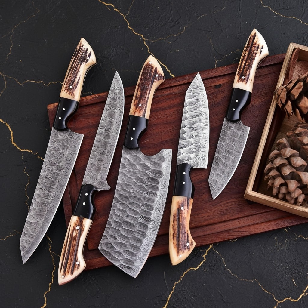 Artisan Damascus Steel Chef Knife Set, Genuine Stag Horn Handle Kitchen Gear: Title:Artisan Damascus Steel Chef Knife Set, Genuine Stag Horn Handle Kitchen Gear Description:This custom 5-piece chef knife set is crafted from hand-forged, pattern-welded Damascus steel. Each blade