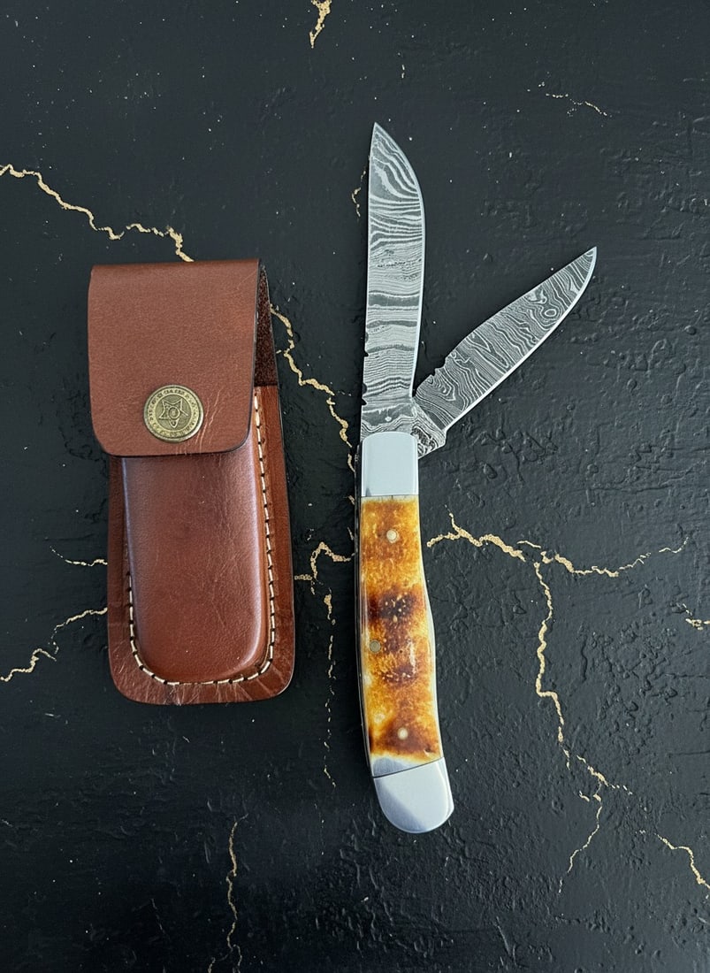 Handmade Damascus Steel Folding Trapper Knife Burnt Bone Handle w/ Sheath (1 of 10)