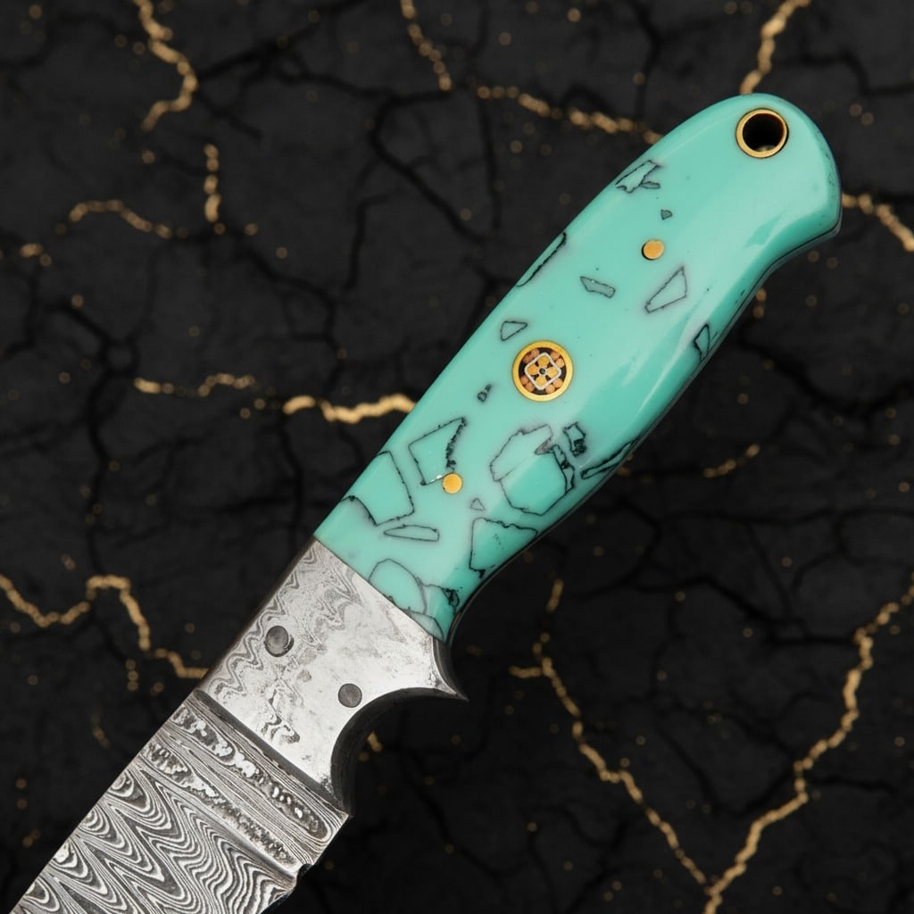 Handcrafted Damascus Steel Fixed Blade Knife Resin Handle Leather Sheath - 3