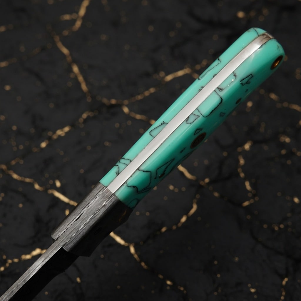 Handcrafted Damascus Steel Fixed Blade Knife Resin Handle Leather Sheath - 4
