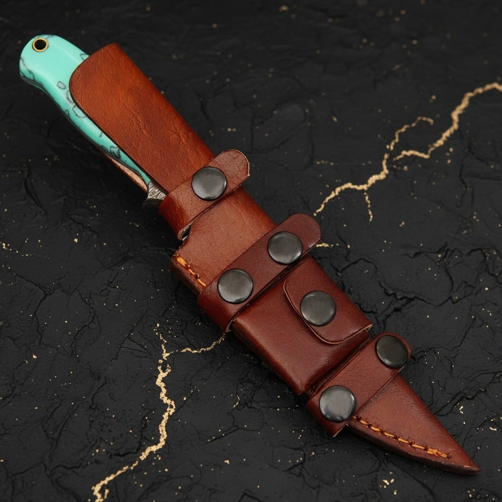 Handcrafted Damascus Steel Fixed Blade Knife Resin Handle Leather Sheath - 6