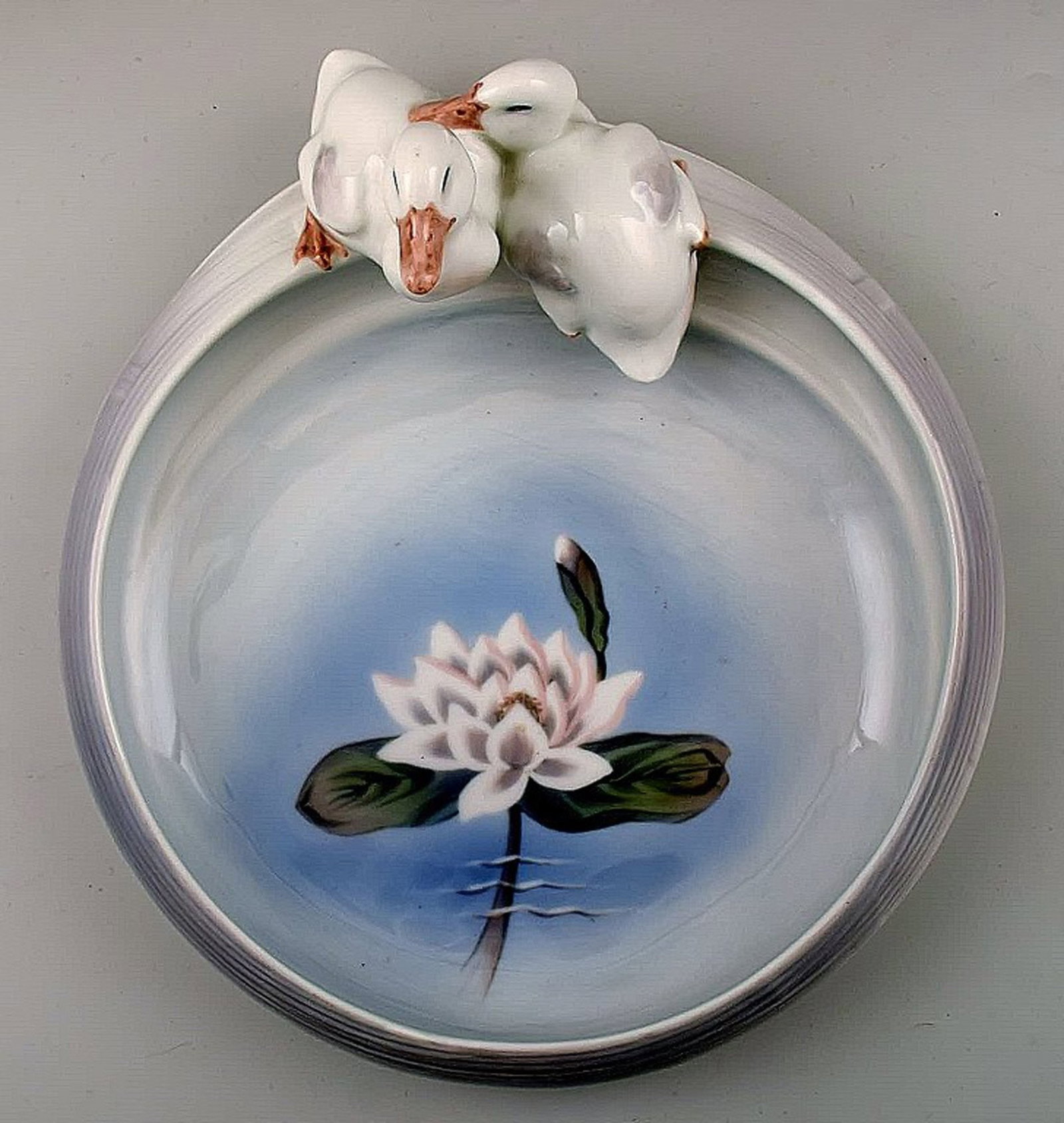 Rare Royal copenhagen art nouveau dish with ducks, number 1/358.: Title: Rare Royal copenhagen art nouveau dish with ducks, number 1/358. Description: Rare Royal copenhagen art nouveau dish with ducks, number 1/358. Measures: 27 cm. x 9 cm. 1st. factory quality, in 